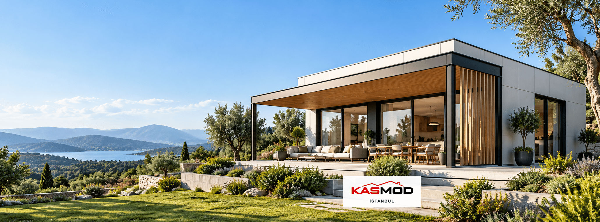 Aydınlık gündüz ışığında modern prefabrik konut