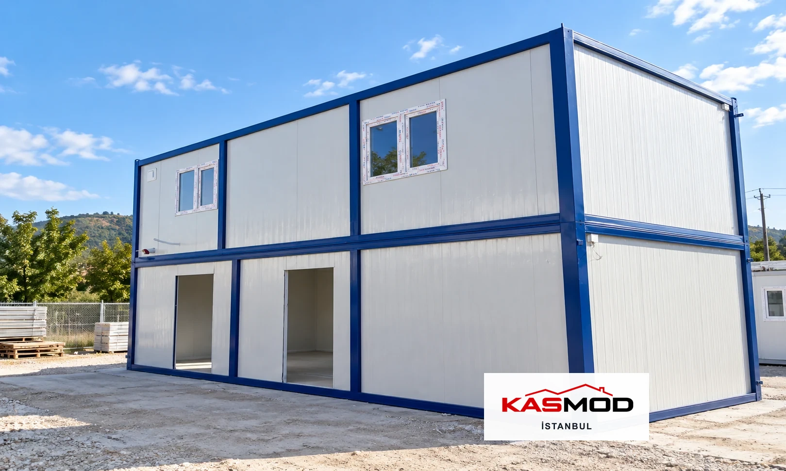 Kasmod İstanbul mavi çerçeveli iki katlı modüler yapının temsilî görünümü