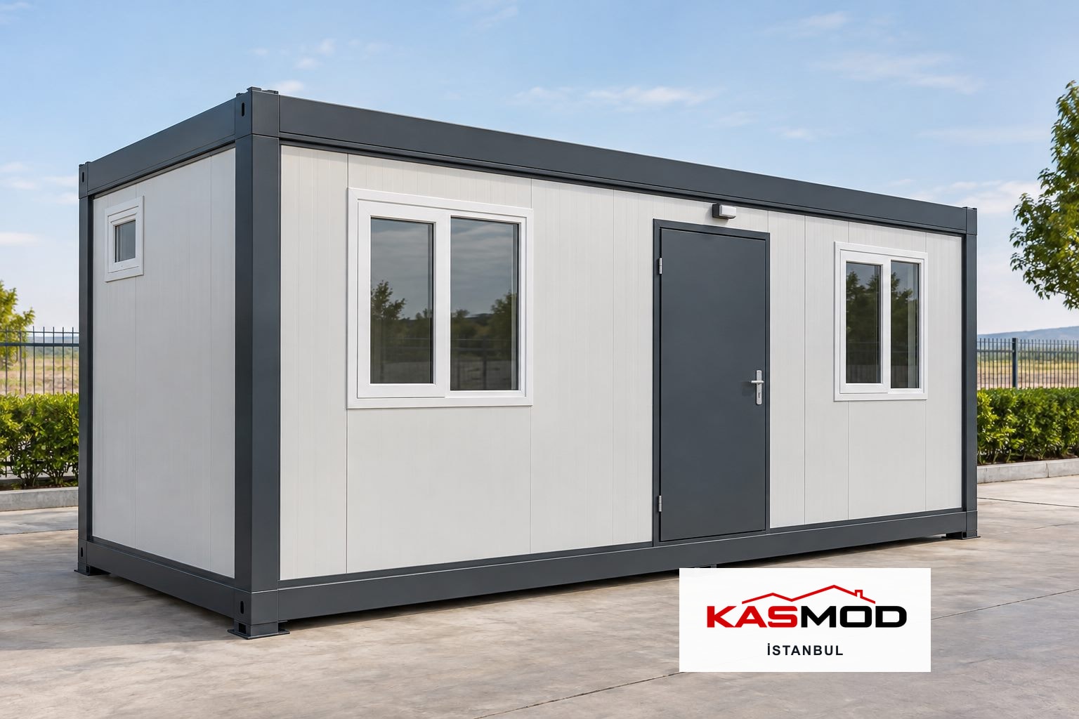 Güvenlik Kabini — 3 × 5 m, kompozit kaplamalı, mutfaklı, WC alanlı için temsili görsel