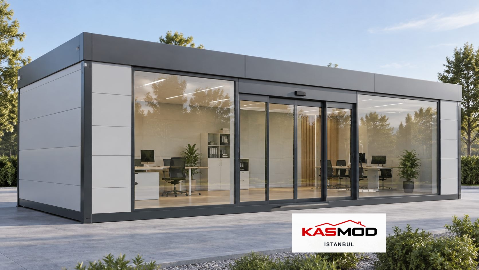 Ofis Konteyneri — 3 × 9 m, kompozit kaplamalı, otomatik kapılı, otomatik girişli, yüksek tavanlı için temsili görsel