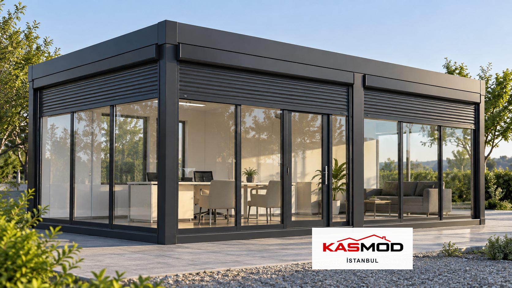 Ofis Konteyneri — 3 × 7 m, cam cepheli, üç cepheli camlı için temsili görsel