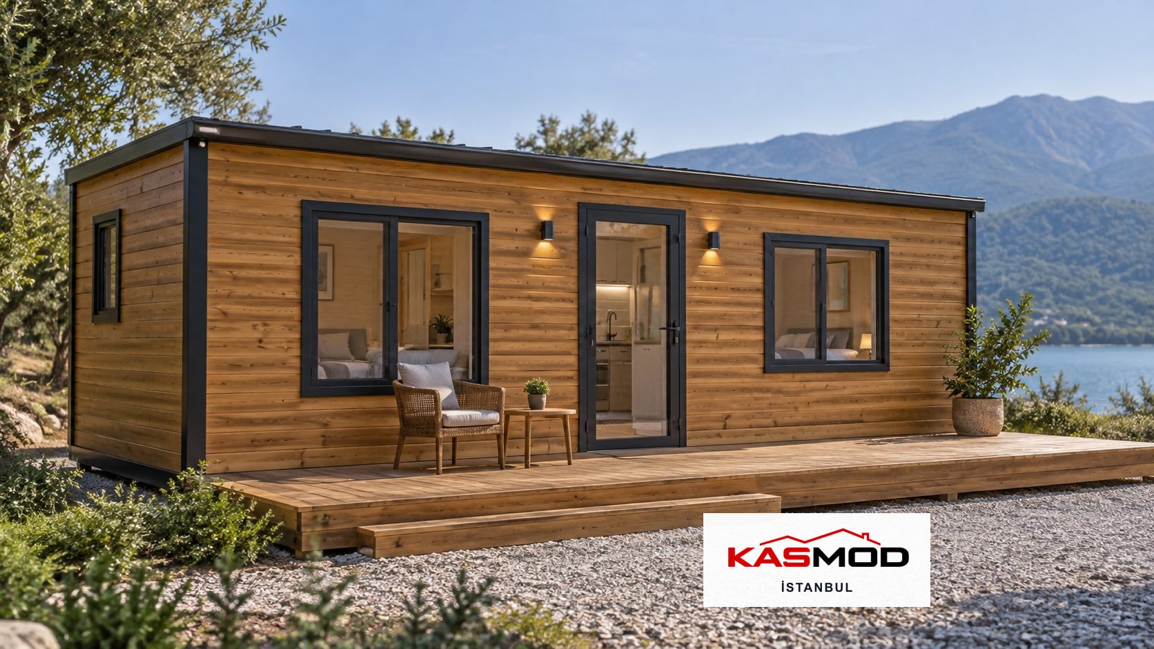 Konteyner Ev — 3 × 7 m, ahşap kaplamalı, WC ve duş alanlı, mutfaklı, WC alanlı için temsili görsel