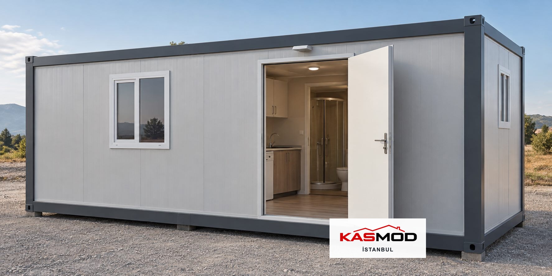 Modüler Konteyner — 3 × 7 m, sandviç panelli, WC ve duş alanlı, mutfaklı, tek odalı için temsili görsel