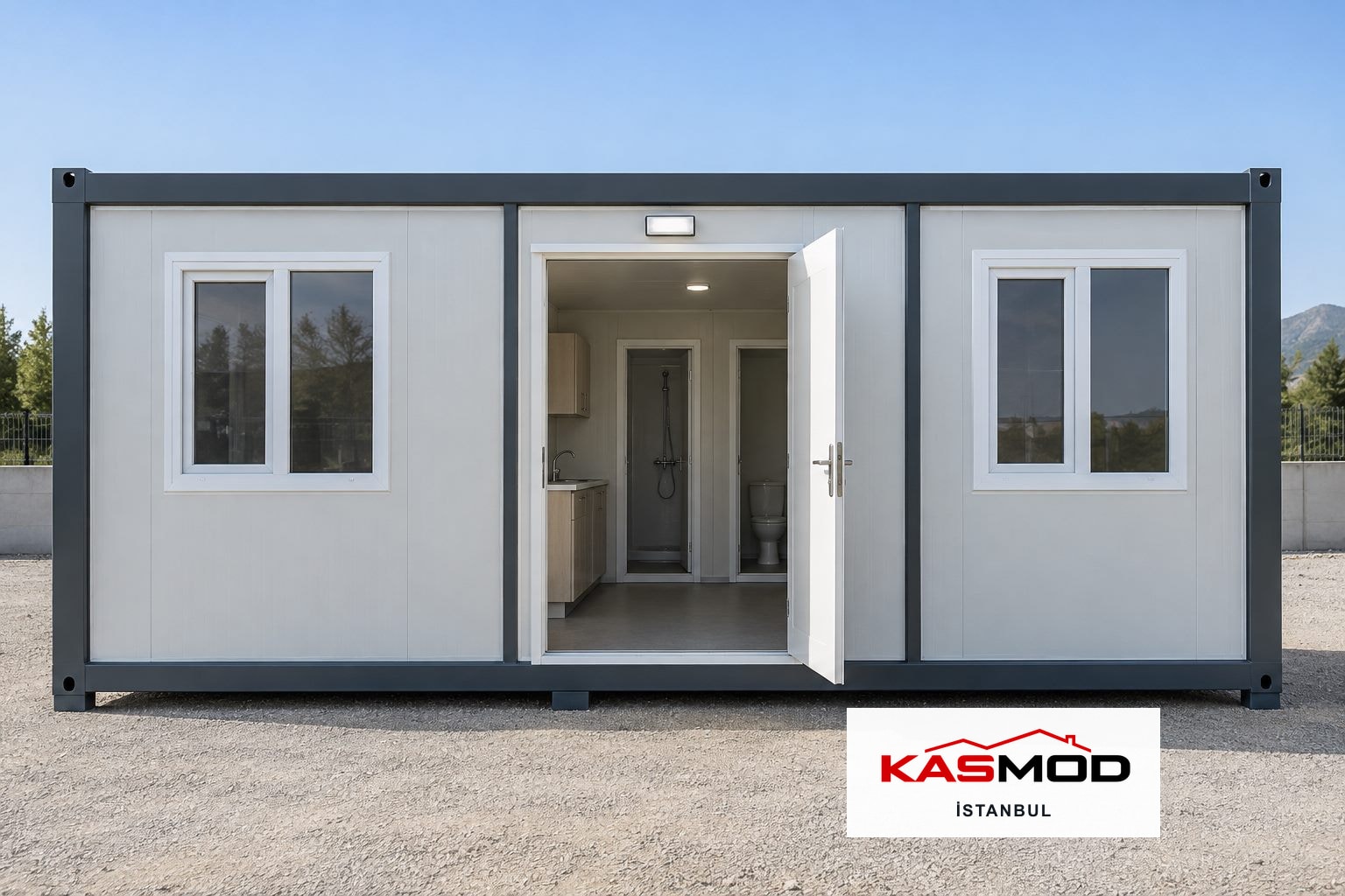 Modüler Konteyner — 3 × 7 m, iki odalı, sandviç panelli, WC ve duş alanlı, mutfaklı için temsili görsel