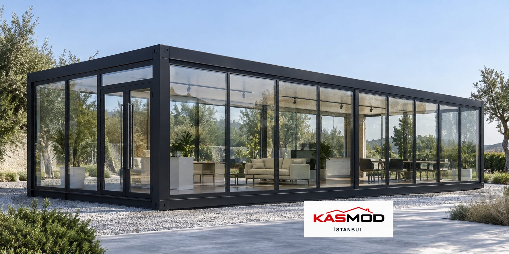 Ticari Konteyner — 3 × 9 m, cam cepheli, showroom kullanımlı için temsili görsel