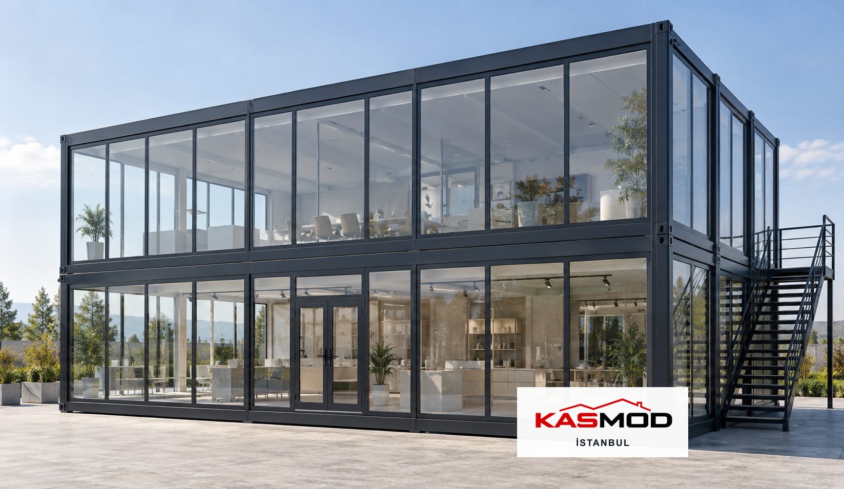 Ticari Konteyner — 3 × 10 m, iki katlı, cam cepheli, showroom kullanımlı, tam donanımlı için temsili görsel